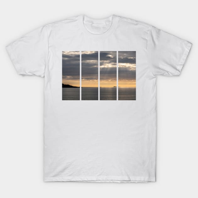 Wonderful landscapes in Norway. Vestland. Beautiful scenery of a cargo boat in the calm sea at the sunset in a cloudy day with sunrays through the clouds. Yellow sky T-Shirt by fabbroni-art